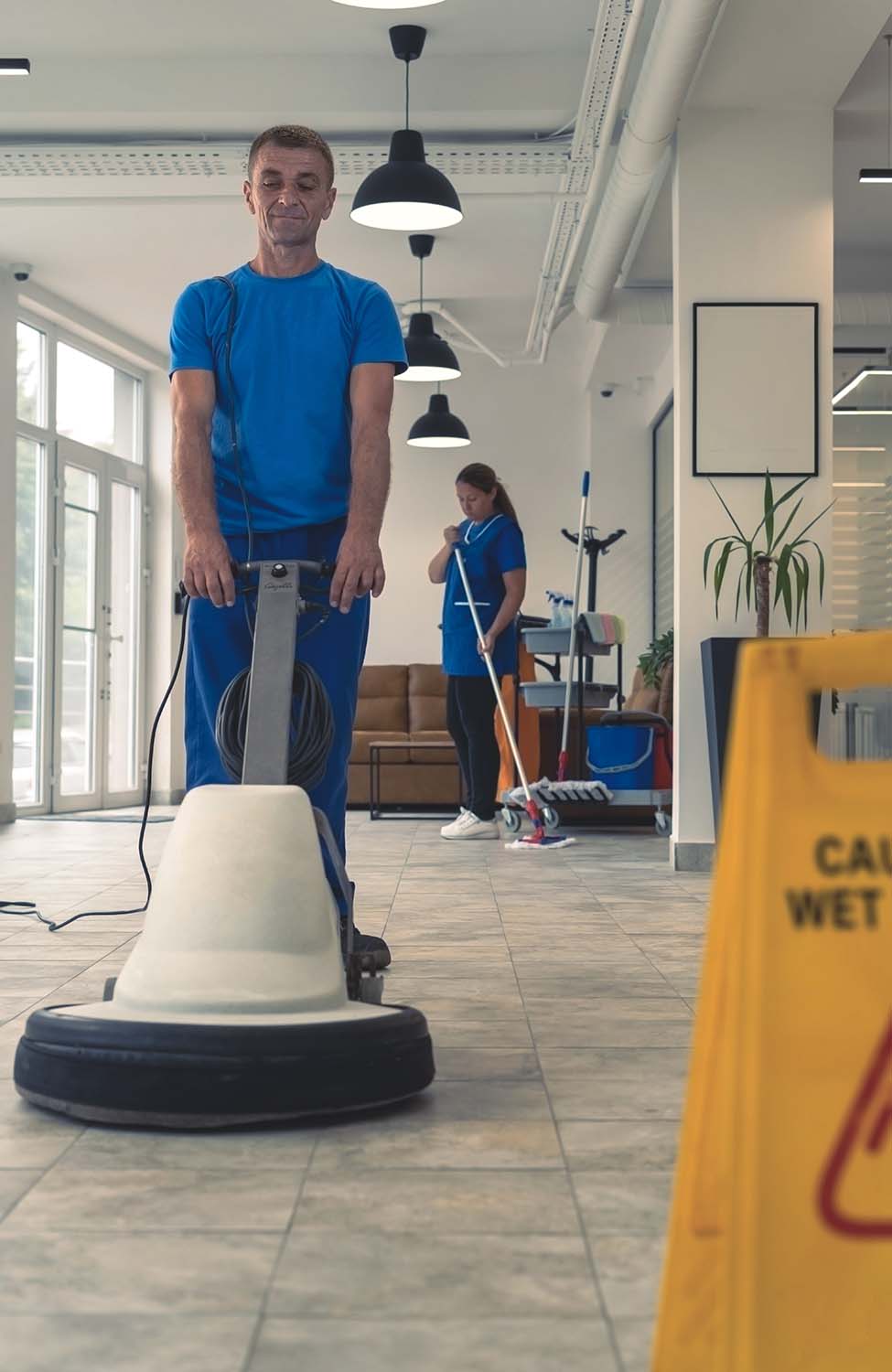 Senior cleaner cleans the hard floor with machine while cleaning